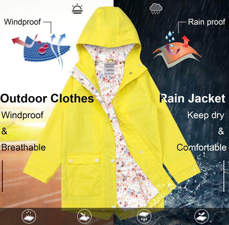 SOLOCOTE Kids Rain Jacket Hooded Lined Rubber RainCoats for Girls Boys Waterproof Windproof, 180806 Yellow F 13-14Y - Image 4